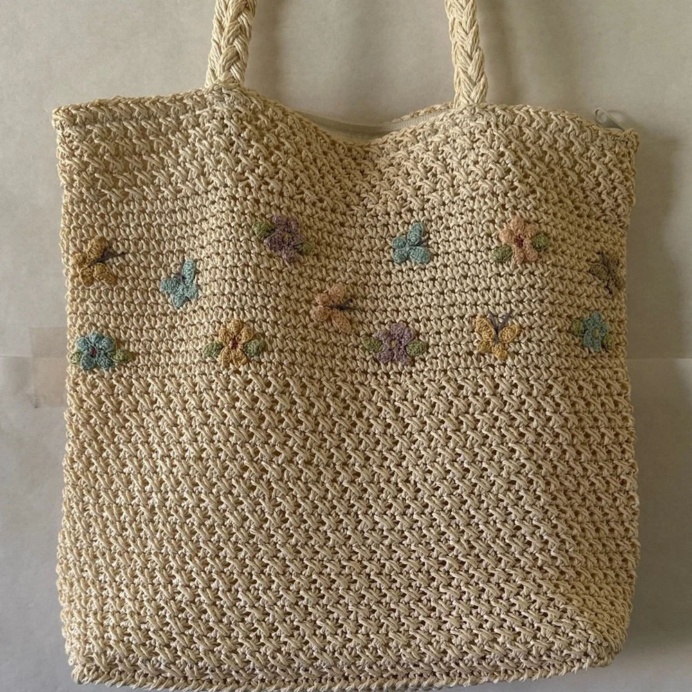Woven Cream Crochet Shoulder Tote Bag Pastel Floral Embroidered Cottagecore - Picture 2 of 12